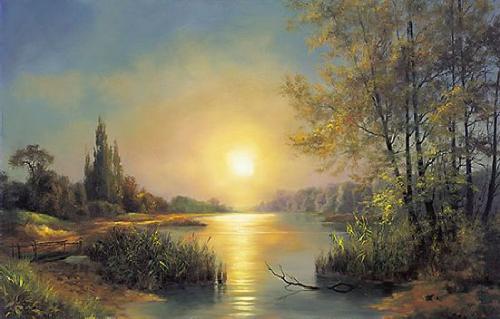 Jezero, západ slunce